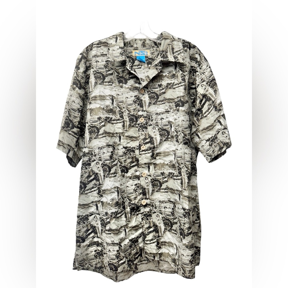 NSI VTG Button Shirt All Over Print Size L Maui Fishing 90s Retro